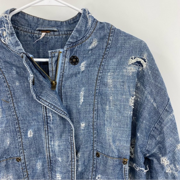 Free People Distressed Denim Bomber Tennis Jacket Small - Picture 3 of 12